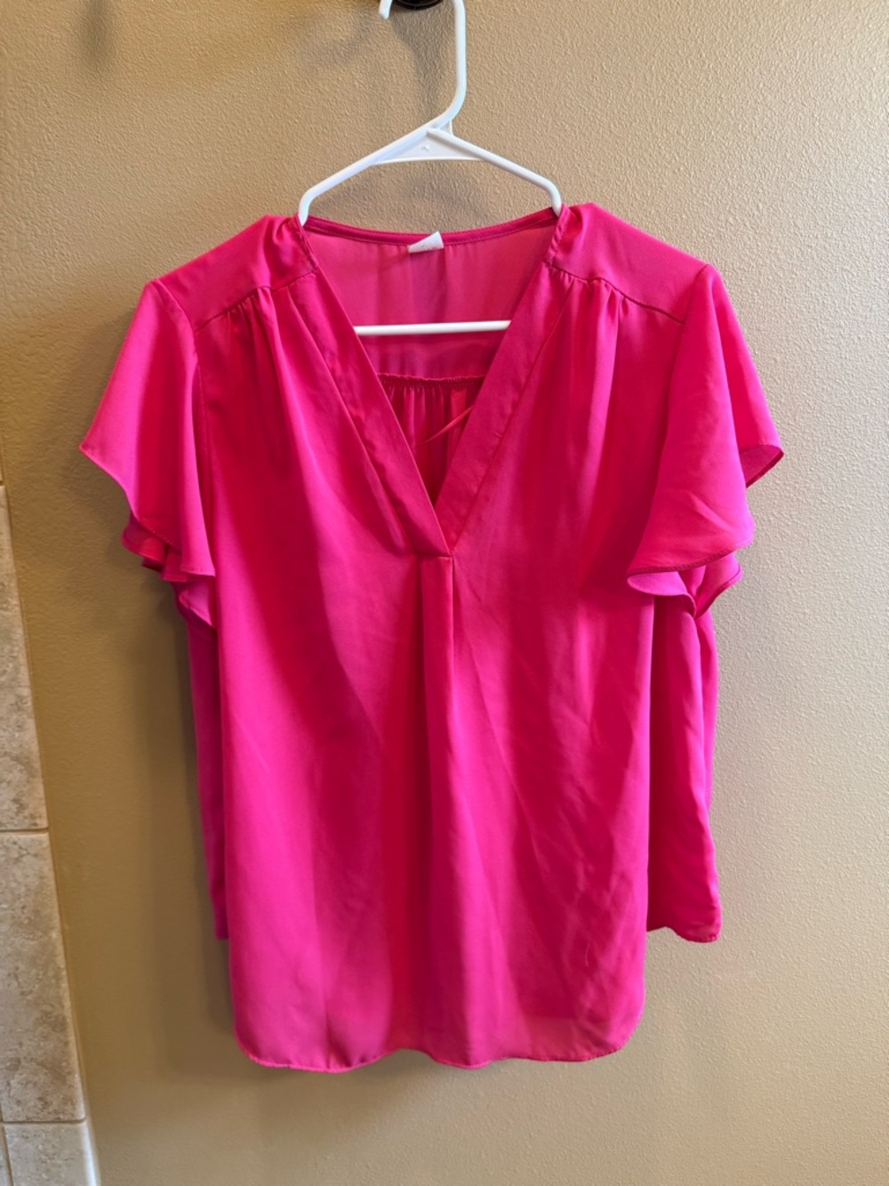Bright Pink V-Neck Flutter Sleeve Women's Top